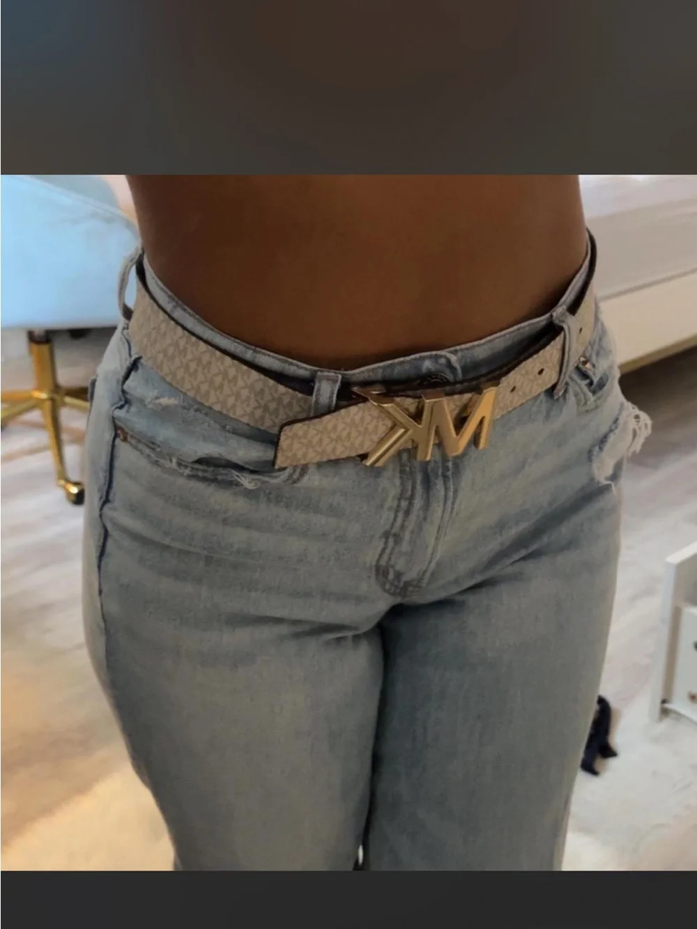 MICHEAL KORS Beige Monogram Leather Belt with Gold 'MK' Buckle